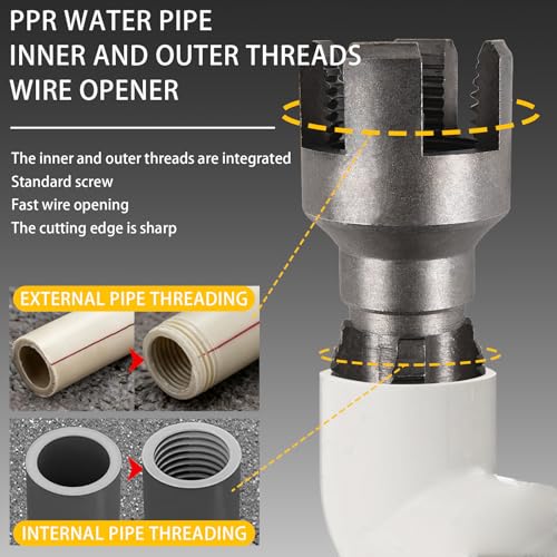 2 in1 Integrated Internal & External Pipe Threading Tool, 2Pcs Dual-Function PVC Pipe Threader Set 1/2" and 3/4" Dies with Hex Shank, Pipe Thread Cutting Tool, PVC Thread Maker Tool for Electric Drill