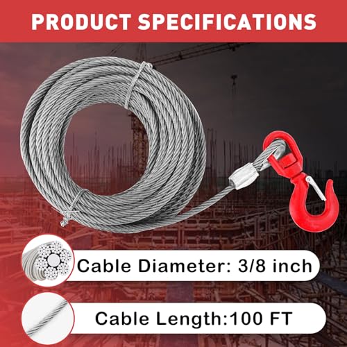 Steel Winch Cable,3/8" x 100' Wire Rope with Swivel Hook,17637 Lbs Breaking Strength,6x19 Strand Core Steel Towing Cable for Tow Truck,Crane,Wrecker - size: 100 ft