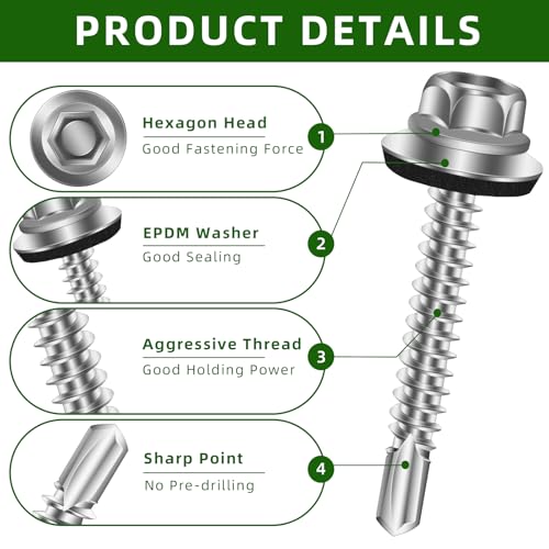 Mellewell #12 x 3 Self Drilling Metal Roofing Screws, Hex Head Sheet Metal Roof Screws with EPDM Washer, Hex Socket Included, 50 PCS - color: Silver, size: #12 x 3"