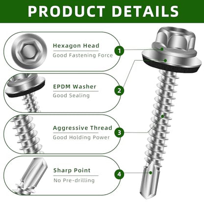 Mellewell #12 x 3 Self Drilling Metal Roofing Screws, Hex Head Sheet Metal Roof Screws with EPDM Washer, Hex Socket Included, 50 PCS - color: Silver, size: #12 x 3"