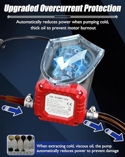 Oil Extractor Pump 12V 80W, Upgraded DIY Oil Change Pump w/ Auto Overload - color: Red
