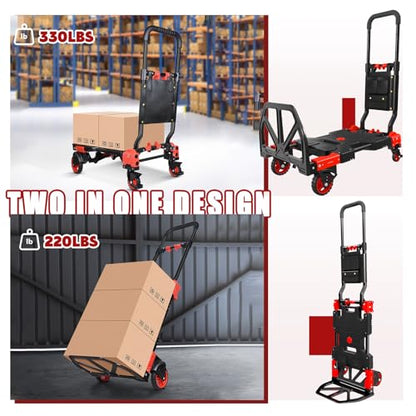 Folding Hand Truck, 2 in 1 Portable Heavy Duty Carrying Moving Dolly Cart with 4 Foldable Wheels and Retractable Handle Duty 330lbs (Red with Folding Basket) - color: Red-b