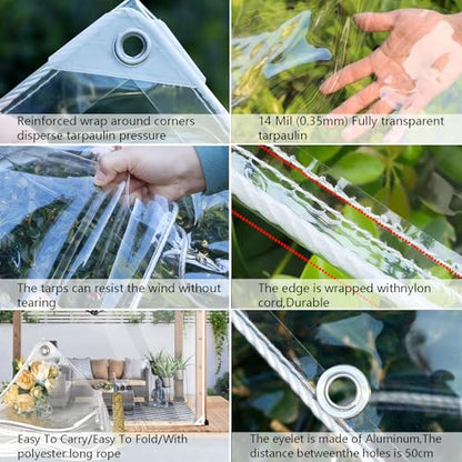 Clear Tarps Heavy Duty PVC, Transparent Tarp Durable Waterproof Dustproof Windproof, Tarpaulin with Grommets & Ropes for Greenhouse, Patio, Garden, Pavilion, Chicken, Porch, Outdoor (10' x 12') - size: 10' x 12'（3x3.6m）