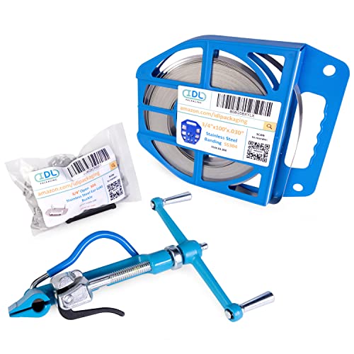 IDL Packaging 3/4" Stainless Steel 304 Banding Kit – Heavy-Duty Banding Tool + 3/4" x 0.03" x 100' Stainless Steel 304 Banding Coil + 100 Stainless Steel Ear-Lokt Buckles - size: 3/4" x 0.03" x 100', style: SS 304 + Ear-Lokt Buckles
