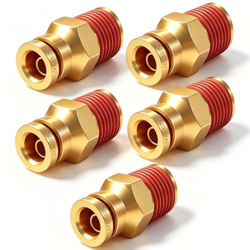 1/2" DOT Push to Connect Air Fittings, Brass 1/2" Tube OD x 1/4" NPT Male Straight Adapter, Quick-Connect Fittings for Air Suspension, Truck Trailer & Air Brake System (5-Pack) - size: 1/2"OD × 1/4"NPT Thread