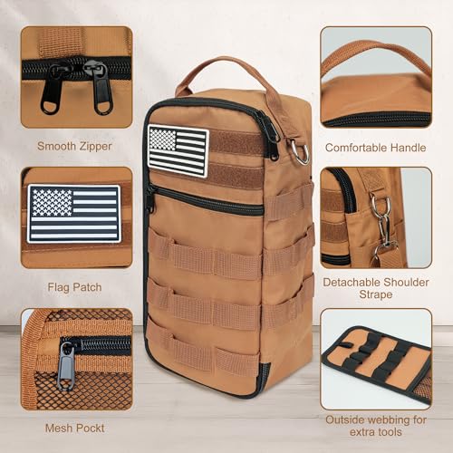 13 Inch Portable Small Tool Bag, Heavy Duty Tool Organizer Bag with Shoulder Strap and D-ring Clip, Tactical Tool Bag, Tool Pouch Bag for Electricians, Carpenters, HVAC Technicians (Brown) - color: Brown