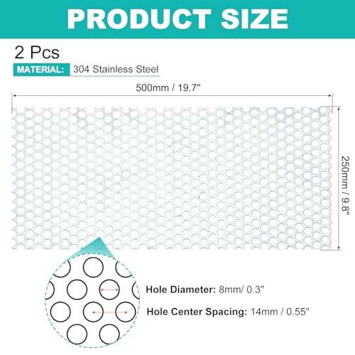 PATIKIL 19.7" x 9.8" 304 Stainless Steel Perforated Sheet, 2Pcs 0.3" Round Hole 20GA Expanded Metal Mesh Plate Screen Decorative Meshes for Ventilation Grill