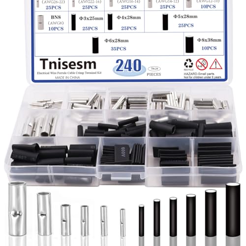 Tnisesm 240 Pcs Non-Insulated Butt Connectors Assortment Kit,Seamless Uninsulated Butt Connectors, Butt Splice Wire Connectors, Electrical Crimp Terminals Tn-24 - size: 26-8 AWG Assortment Kit