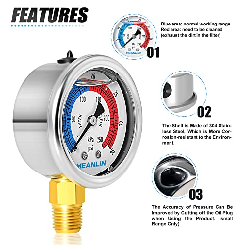 MEANLIN MEASURE 1/4" NPT 0-35psi Pressure Gauge, 2" Dial Glycerine Filled Pool Filter, 304 Stainless Steel Housing, Lower Mount, with 1/2" NPT and 3/8" NPT Hex Bushing - size: 0-35Psi/0-250Kpa, style: Lower Mount