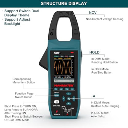 HANMATEK 3-in-1 AC/DC Clamp Meter & Oscilloscope,5MS/s High Sampling Rate,1MHz Bandwidth,600A &1000V AC/DC Current & Voltage Detection,Resistance,Capacitance,Continuity Test,NCV,Data Logging-CO601
