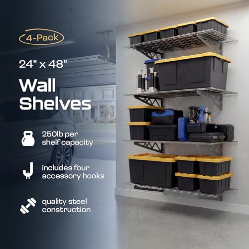MonsterRax 24x48 White Garage Wall Shelf 4-Pack, 500lb, Hammertone - color: Hammertone, size: 24"x48" Combo