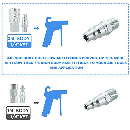 Industrial Air Coupler and Plug Kit, 3/8 Inch High Flow Body Size, 1/4 Inch NPT Threads Size, Steel Material, 9 Pieces Air Compressor Hose Accessories Fittings - size: 3/8 inches