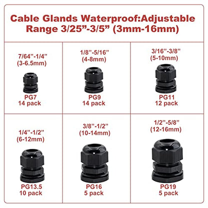 60 Pack Cable Glands Waterproof Adjustable 7/64”-5/8” (3mm-16mm), Black Nylon Joints with Gaskets, Cable Strain Relief Cord Connector Kit, Pg 7, Pg 9, Pg11, Pg 13.5, Pg16, Pg19
