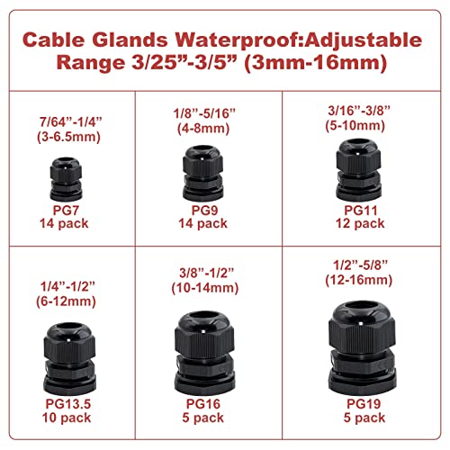 60 Pack Cable Glands Waterproof Adjustable 7/64”-5/8” (3mm-16mm), Black Nylon Joints with Gaskets, Cable Strain Relief Cord Connector Kit, Pg 7, Pg 9, Pg11, Pg 13.5, Pg16, Pg19