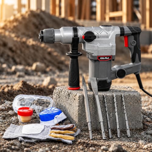 XtremepowerUS 1200W Electric Rotary Hammer SDS Plus Drill Swivel Adjustable Handle Drilling With Flat Chisels, Point Chisels and 3 Drill Bits Carrying Case - size: 1200W