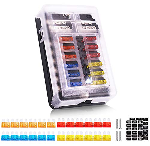 12 Way 12V Fuse Box 12Volt Blade Fuse Block, 12 Circuit W/Negative Bus Waterproof Fuse Box with LED Indicator for 12V/24V Automotive Golf Cart Truck Car Boat Marine RV Van Vehicle - style: 12 Way