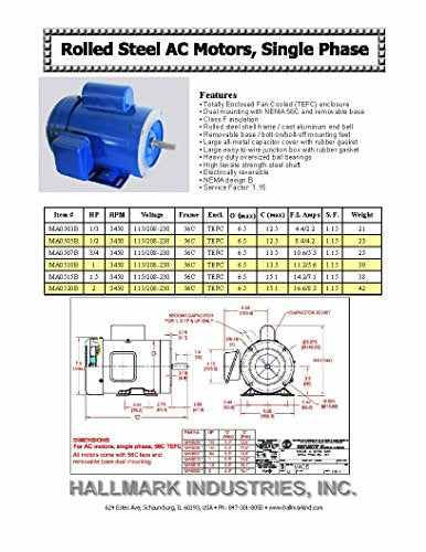 Hallmark Industries AC Motor, 1/3 HP, 3450RPM, 1 Phase, 115/230V (MA0503B) - size: 1/3 HP, 3450RPM, 1 phase, 115/230V