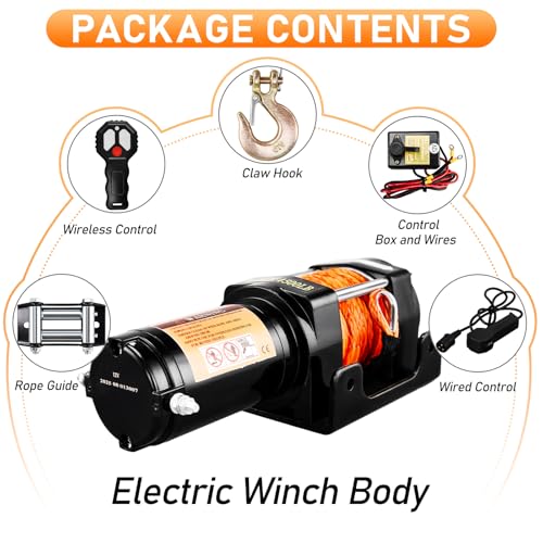4500lb Electric Winch with Synthetic Rope, 12V DC - color: 4500LB Black-Orange