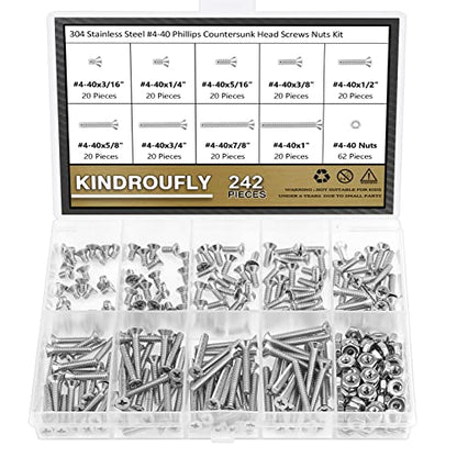 242 Pieces #4-40x 3/16", 1/4", 5/16", 3/8", 1/2", 5/8", 3/4", 7/8", 1", Phillips Countersunk Head Machine Screws Nuts Assortment Kit, 304 Stainless Steel, Fully Machine Thread - size: #4-40
