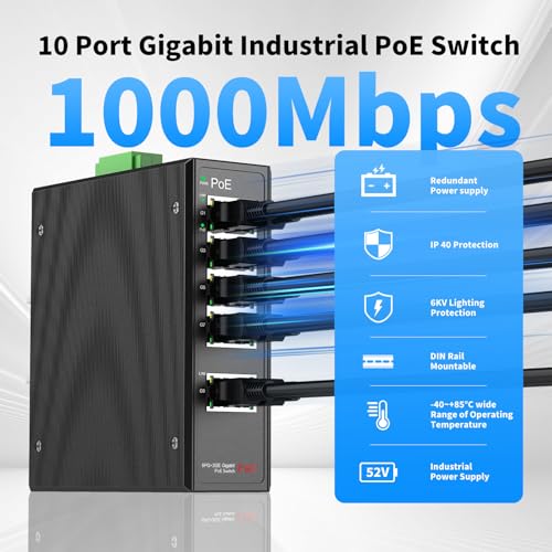 Industrial 8-Port Full Gigabit POE+ Switch with Industrial DIN-Rail Power Supply, 2 Gigabit Uplink Port, Total 120W Budget, DIN-Rail POE Switch for IP Cameras, VoIP Phones, Wireless APs