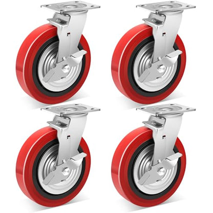 Nefish 8 Inch Heavy Duty Casters Wheels, Industrial Grade Polyurethane Casters Set of 4 with Dual Ball Bearing, Solid Polyurethane Wheel 6000 Lb, Plate Swivel Casters for Cart, Industrial, Machine - style: 8 IN (4 Brakes)