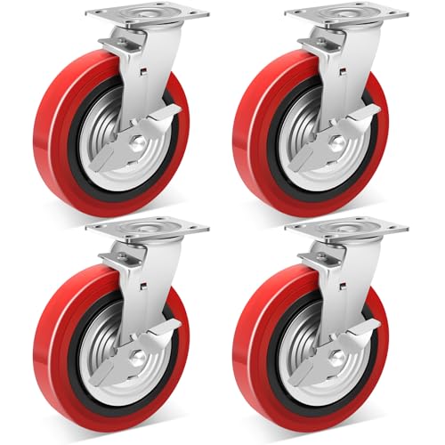 Nefish 8 Inch Heavy Duty Casters Wheels, Industrial Grade Polyurethane Casters Set of 4 with Dual Ball Bearing, Solid Polyurethane Wheel 6000 Lb, Plate Swivel Casters for Cart, Industrial, Machine - style: 8 IN (4 Brakes)