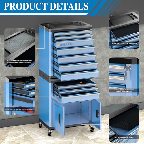 LARBANKE10 Drawer Rolling Tool Chest with Wheels,Locks & Waterproof Top - color: Blue, size: 10 drawer and double-door tool chest