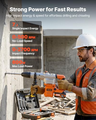 VEVOR Rotary Hammer Drill, 1-9/16 in SDS-Max Cordless, Heavy Duty 20V Battery Powered Rotary Hammer, Including 2 Batteries, Charger, Drill Bit, Pointed Chisel, Carrying Case, for Concrete, Masonry - size: 1-9/16 in