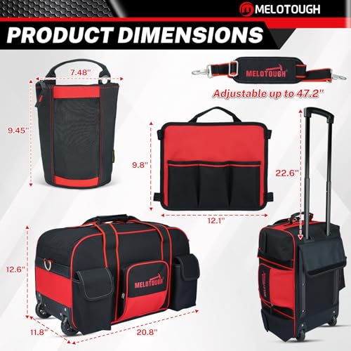 MELOTOUGH Rolling Tool Bag with 3 Zipper Pouches, Heavy Duty Large Tool Bag with Concealed Telescoping Handle, Multi-Pocket Organizer for Construction, Electrician, HVAC - 4 Carrying Options (Red) - style: Rolling Tool Bag Set