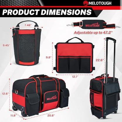 MELOTOUGH Rolling Tool Bag with 3 Zipper Pouches, Heavy Duty Large Tool Bag with Concealed Telescoping Handle, Multi-Pocket Organizer for Construction, Electrician, HVAC - 4 Carrying Options (Red) - style: Rolling Tool Bag Set