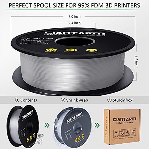 GIANTARM PETG Filament 1.75mm for 3D Printer, Clear Transparent, 1KG - color: Clear