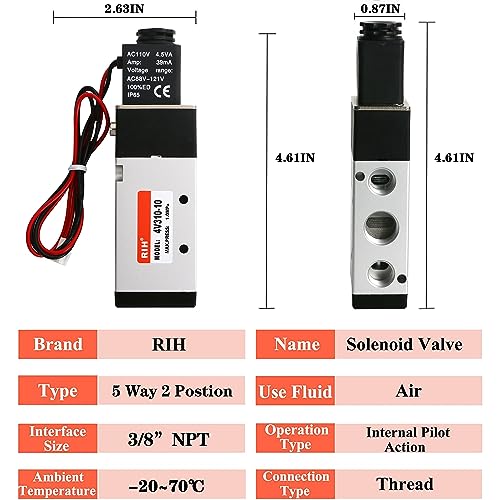 RIH Pneumatics Solenoid Valve 4V310-10 12V/24V/110V Series Single Coil Pilot-Operated Electric 2 Position 5 Way Connection Type (AC110V/Out of line, 3/8"NPT) - size: AC110V/Out of line, style: 3/8"NPT