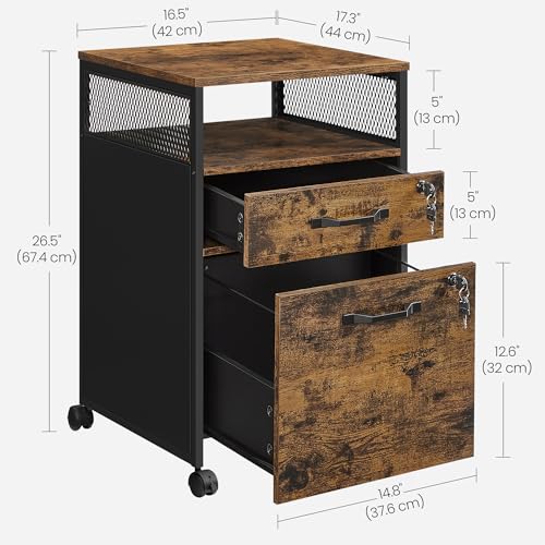 VASAGLE 2 Drawer File Cabinet with Lock, Rolling Printer Stand - color: Rustic Brown + Ink Black, size: with Lock and Fences
