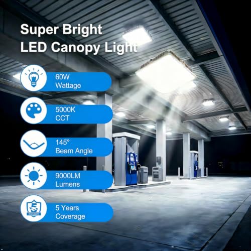 LED Canopy Light 60W, 9000LM LED Canopy Lights Outdoor, 5000K Daylight Square Canopy Gas Station Light for Carport Shop Garage Warehouse Porch Hotel Building Entrances UL Listed, 6 Pack