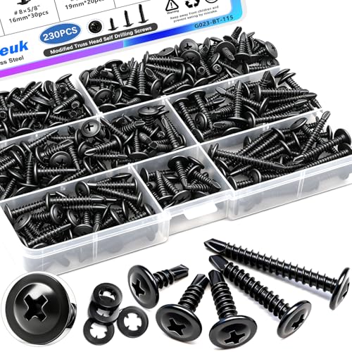 mxuteuk 230PCS #8 Self Tapping Screws for Metal,410 Stainless Steel Self Drilling Screws,1/2",5/8",3/4",1",1-1/4" Truss Head Sheet Metal Screws with Rubber Washers for Metal,Plastic,Wood(115pcs Sets) - size: BK 230PCS #8 Kit
