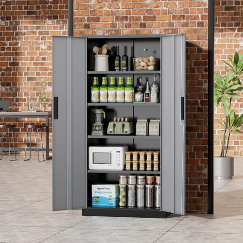 Greenvelly Metal Storage Cabinet,72" Locking Metal Garage Storage Cabinet with Doors and 4 Adjustable Shelves, Lockable Steel Cabinet for Home Office, Garage, Shop, School (Black Grey 32" W x 16" D) - color: Black Grey, size: 72 Inch - 32W