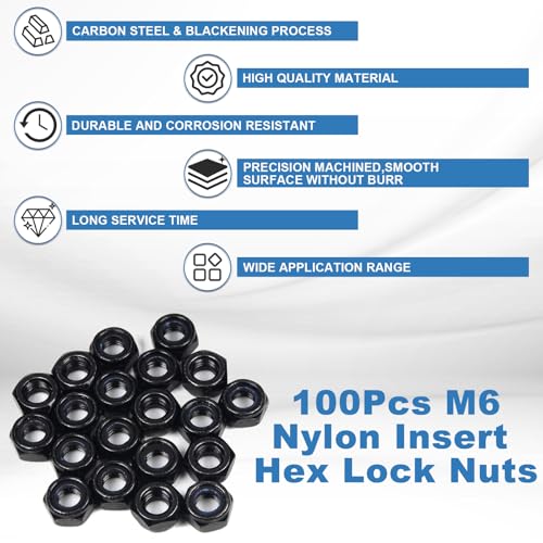 100Pcs M6 x 1.0mm Carbon Steel Hex Lock Nuts, Nylon Insert Self-Locking Nut - size: M6x1