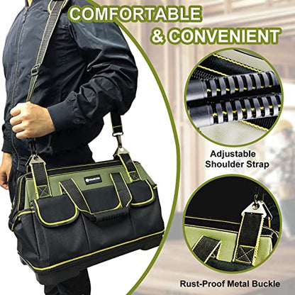 17in Tool Bag For Men Heavy Duty with Waterproof Molded Base, High Capacity Wide Mouth Tote, Construction Worker Electricians Tool Bags, Large Tool Bag Organizer for Men Women Tool Tote - size: 17in tool bag