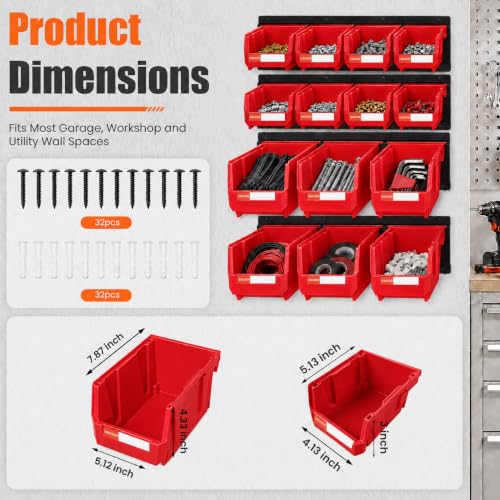 14pc Wall-Mounted Storage Organizer Mixed V1 V2 Combo Red - color: Red, size: V1-8Bins&V2-6Bins&4Rails