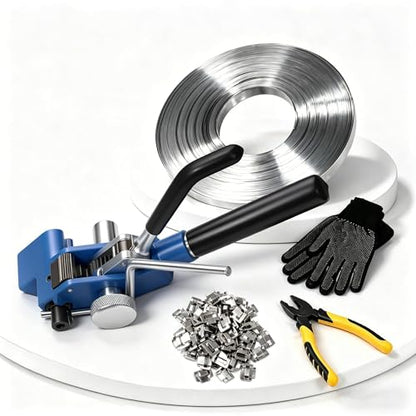 164ft Stainless Steel Banding Kit 304 Steel Strapping Kit 3/8" with Ratchet Tensioner Cutter Crimper Pliers with 100 Buckles for Pipe Pole Pallet Tensioning Packing Bundling