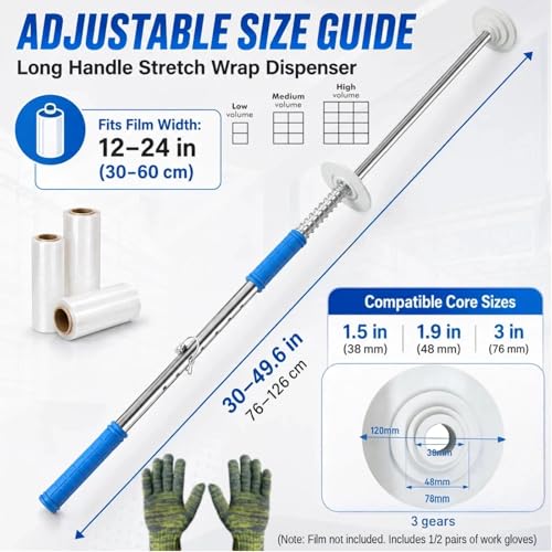 2Pcs Heavy Duty Pallet Stretch Film Dispenser, 49.6" Long Handle Pallet Wrapping Tool for Warehouse Shipping, Industrial Packaging & Moving, Fits 12-24" Width Rolls with 1.5"-3" Cores