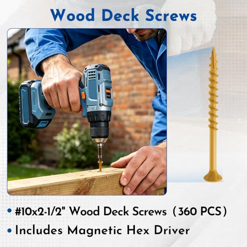 #10 x 2-1/2" Deck Screws Wood Screws, Torx Flat-Head Exterior Screws, T25 Star Bit Included(365PCS 5LB Box) - size: #10x2-1/2"