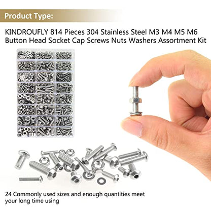 814 Pieces Button Head Socket Cap Screws Nuts Washers Kit, Kindroufly M3 M4 M5 M6 Screw Assortment Kit, Metric Screw Set, Bolts and Nuts, Machine Screws, 304 Stainless Steel, Fully Machine Thread - size: M3/M4/M5/M6, style: Button Head