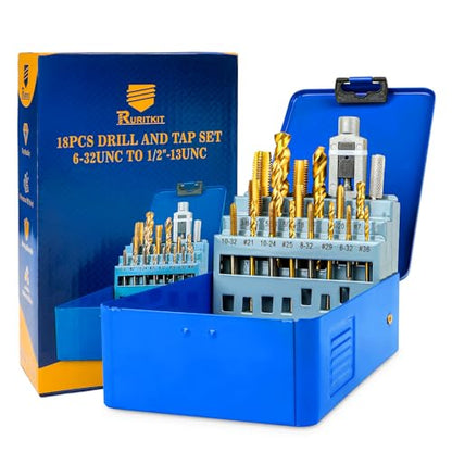 18Pcs SAE Drill and Tap Set with Tap Wrench for Metal,6-32 to 1/2"-13 UNC - size: 6-32 UNC to 1/2"-13 UNC