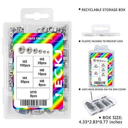 210PCS 304 Stainless Steel Hex Nuts Assortment Kit for Screw Bolt with 6 Sizes DIN 934 (M3 M4 M5 M6 M8 M10) Great Replacement Fasteners for Professionals, Repairmen or DIY, Meet Your Every Needs