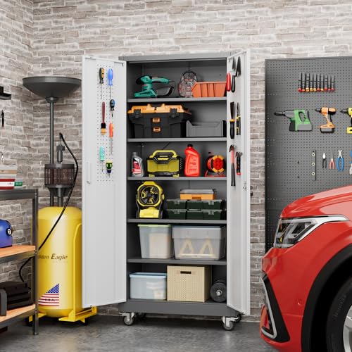 Reemoon 71" H Metal Garage Storage Cabinet with Wheels,Grey&White - color: White, size: 31.5" W x 16" D x 71" H