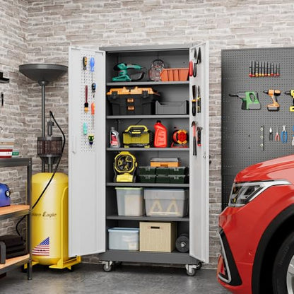 Reemoon 71" H Metal Garage Storage Cabinet with Wheels,Grey&White - color: White, size: 31.5" W x 16" D x 71" H
