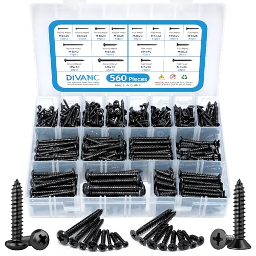560Pcs 304 Stainless Steel Zinc Plated Self Tapping Screws Assortment Set, M3/M4/M5/M6 Flat Head & Round Head Self Tapping Screws Assortment Set, Phillips Drive Wood Screw Assortment Kit(Black) - color: Black