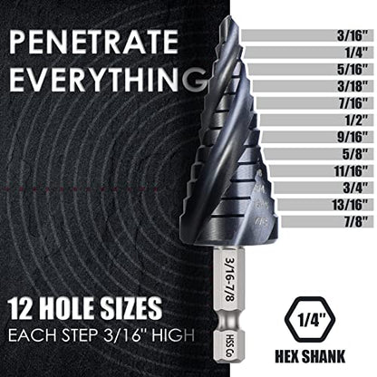 Matework M35 Cobalt Step Drill Bit, Four Spiral Flute Unibit Step Drill Bit (3/16"-7/8") Wear-Resistant TiAlN Coated, 1/4" Hex Shank for Metal, Carbon Steel, Stainless Steel, Wood, Plastic (12 Size) - size: 3/16"-7/8"