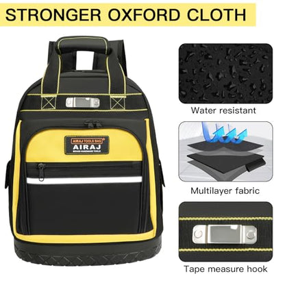 Tool Backpack,17"Heavy Duty Tool Backpack Bag with Waterproof Molded Base,Durable Multi-Use Pocket Electrician & Industrial & Construction Work Backpack,Black/Yellow